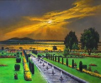 Hanif Shahzad, Sunset over Shalimar Bagh – Jammu Kashmir, 35 x 46 Inch, Oil on Canvas, Cityscape Painting, AC-HNS-089
